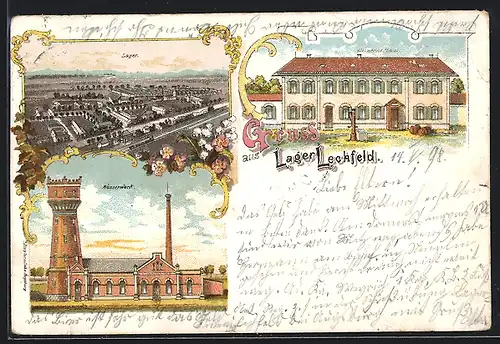 Lithographie Lechfeld, Lager Lechfeld, Wasserwerk, Steinernes Haus