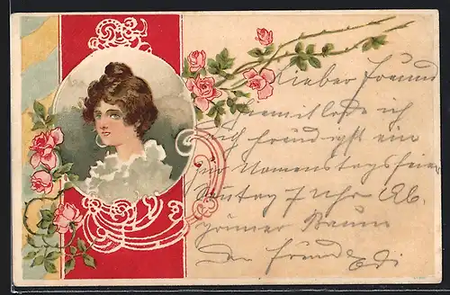 Künstler-Lithographie Portrait einer Frau im Jugendstil-Rahmen, Rosenornament