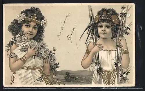 AK Kinder mit Blumen und goldenem Schmuck im Jugendstil