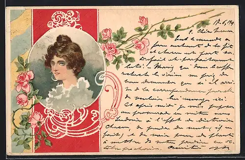 Künstler-Lithographie Portrait einer Frau im Jugendstil-Rahmen, mit rankenden Rosen