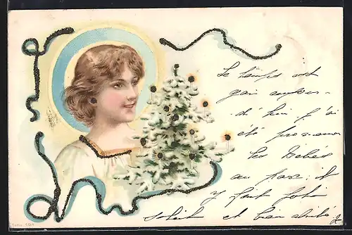 Künstler-Lithographie Portrait einer Frau, Weihnachtsbaum, im Jugendstil
