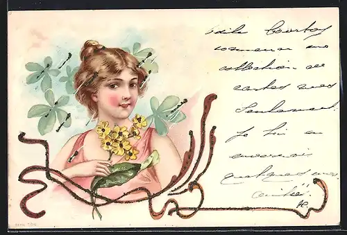 Künstler-Lithographie Portrait einer jungen Frau im Regen, mit Jugendstil-Ornamentik