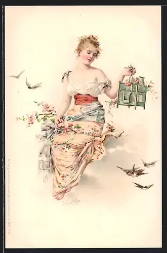 AK Fräulein mit Vogelkäfig und Blumen, Jugendstil
