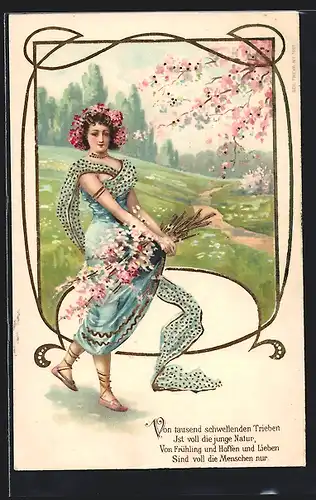 AK Junge Dame mit Blumen u. Schleier im Frühjahr, Jugendstil