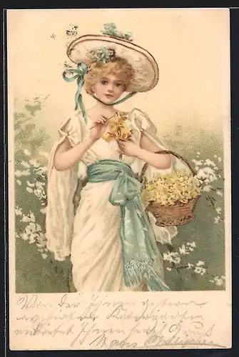 Künstler-Lithographie Dame in Sommergarderobe mit gepflückten Blumen, im Jugendstil