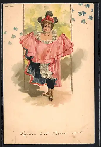 Künstler-Lithographie Dame mit angehobenem Kleid, Jugendstil