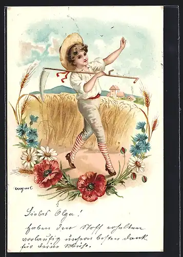 Künstler-Lithographie Junge mit einer Sichel im Feld, in floralem Rahmen, Jugendstil