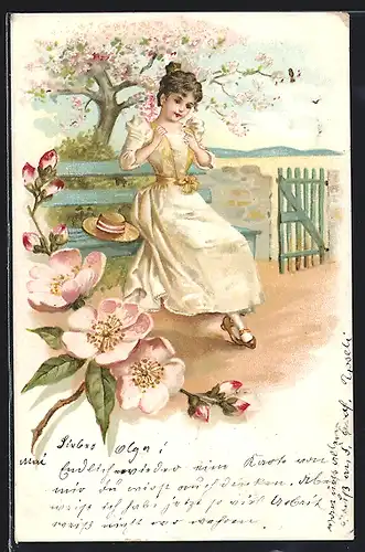 Künstler-Lithographie Mädchen im Frühling auf einer Bank, Jugendstil