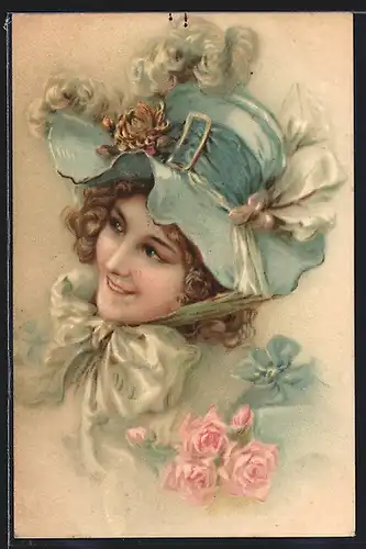 Lithographie Freundliche junge Frau mit blaum Hut, Jugendstil