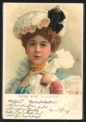 Glitzer-Perl-AK Eine Frau im Jugendstilkleid mit Blühten auf der Haube