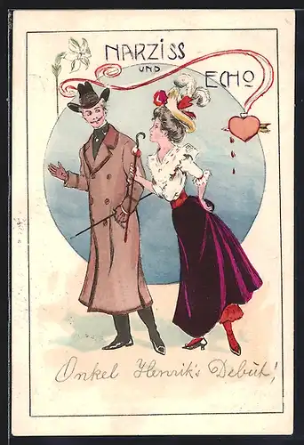 Künstler-AK Narziss und Echo in Mode um 1900, Jugendstil