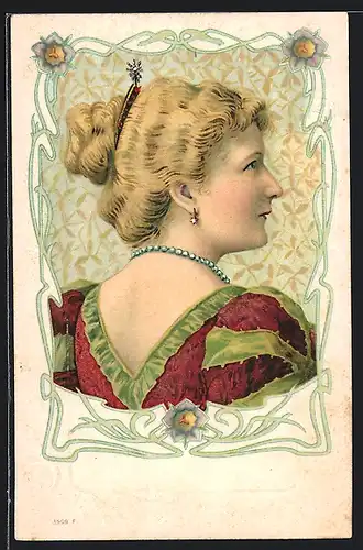 AK Dame mit Schmuck im Profil, Jugendstil