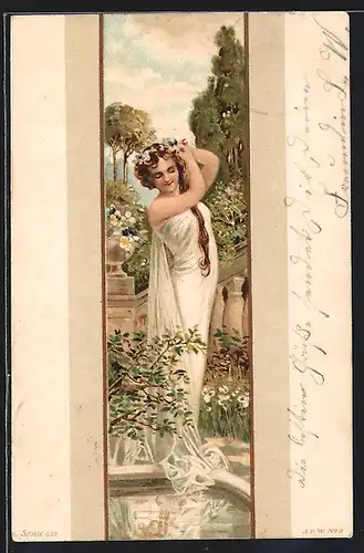 Lithographie Fräulein steckt sich eine Blüte ins Haar, Jugendstil, aufgeklebte Münze, Deutsches Reich 20 Mark