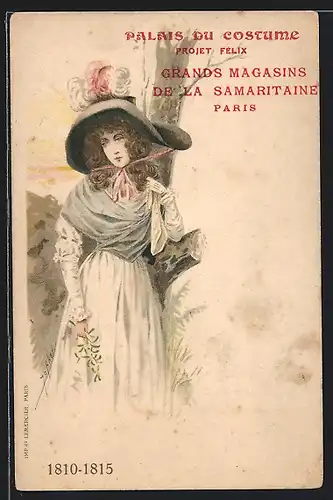 AK Paris, Junge Dame beim Spaziergang, Reklame für Grands Magasins de la Samaritaine