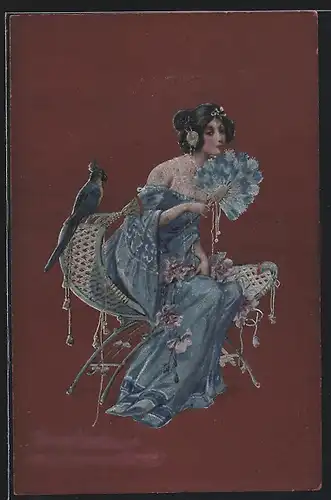 Präge-AK Fräulein im Kleid mit Fächer und Ara, Jugendstil