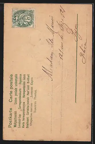 Präge-AK Fräulein im Kleid mit Fächer und Ara, Jugendstil