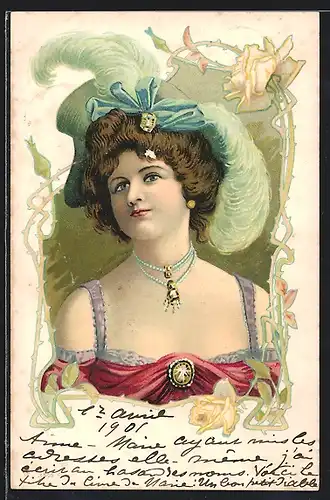 Künstler-AK Brünette Schönheit im farbenfrohen Gewand mit hochwertigem Schmuck im Jugendstil