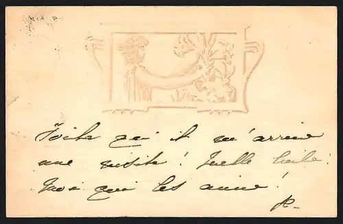 Präge-AK Junge Frau mit Blumen im Jugendstil