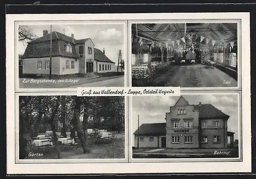 AK Wallendorf-Luppe, Gasthaus Zur Bergschenke aussen und innen, Garten, Bahnhof