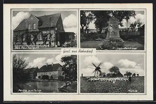 AK Hohndorf, Gasthaus von Paul Karguth, Schäfer mit Herde vor der Windmühle