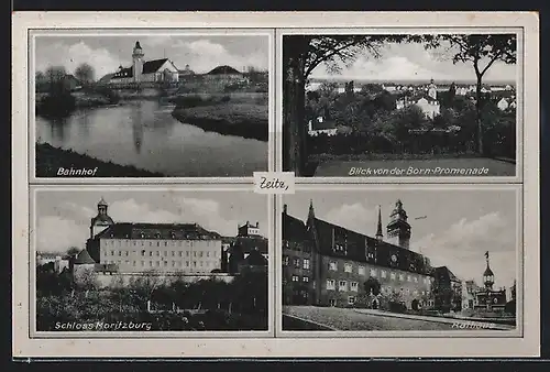 AK Zeitz, Bahnhof, Rathaus, Schloss Moritzburg