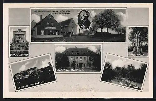 AK Rossbach, Gutshaus und Denkmal, Gasthof zum Luftschiff, Portrait Friedrich der Grosse