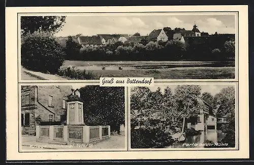 AK Bottendorf, Ortsansicht, Kriegerdenkmal, Partie an der Mühle