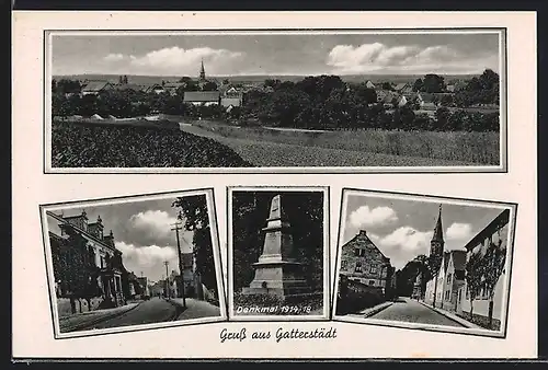 AK Gatterstädt, Strassenpartie mit Gebäudeansicht, Strassenpartie mit Kirche, Denkmal 1914-18