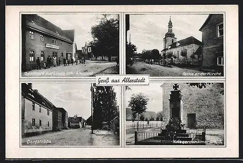 AK Allerstedt, Gasthaus zur Linde, Kirche, Kriegerdenkmal