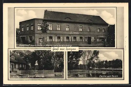 AK Spergau, Gasthof zur Linde, Kriegerdenkmal, Teich