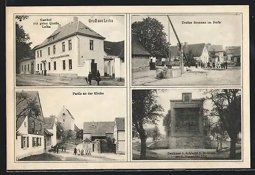 AK Leiha, Gasthof zur guten Quelle, Kirche, Uralter Brunnen im Dorfe