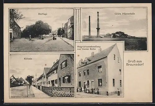 AK Braunsdorf, Materialwarenhandlung von Gustav Rothe, Grube Pfännerhalle, Dorflage