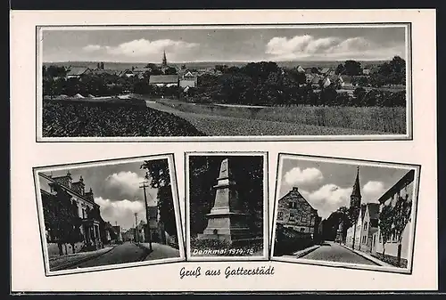 AK Gatterstädt, Strassenpartie mit Gebäudeansicht, Strassenpartie mit Kirche, Denkmal 1914-18