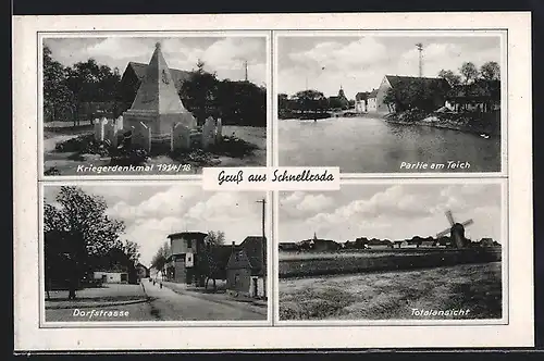 AK Schnellroda, Partie am Teich, Kriegerdenkmal 1914-18, Dorfstrasse