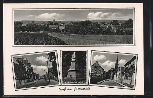 AK Gatterstädt, Strassenpartie mit Gebäudeansicht, Strassenpartie mit Kirche, Denkmal 1914-18