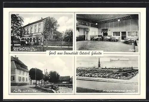 AK Barnstädt, Gasthof Göhritz mit Saal, Partie mit Kirche & Kriegerdenkmal