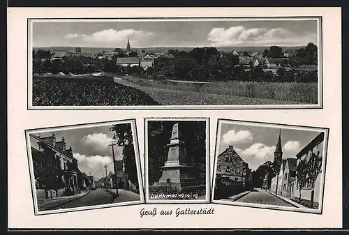 AK Gatterstädt, Strassenpartie mit Gebäudeansicht, Strassenpartie mit Kirche, Denkmal 1914-18