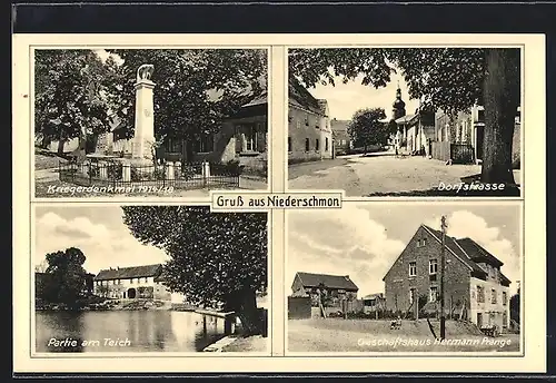 AK Niederschmon, Geschäftshaus Hermann Prange, Kriegerdenkmal 1914-18, Dorfstrasse