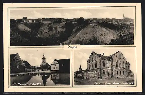 AK Steigra, Gasthof zum Ritter St. Georg, Dorfteich mit Kirche, Panorama