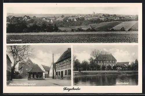 AK Ziegelroda, Totalansicht, Pfarre mit Schule & Glockenstuhl, Oberförsterei