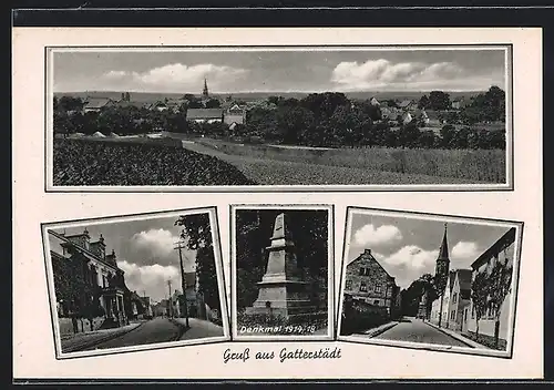 AK Gatterstädt, Strassenpartie mit Gebäudeansicht, Strassenpartie mit Kirche, Denkmal 1914-18