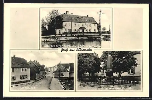 AK Albersroda, Gasthaus zur Linde mit Bäckerei u. Materialwarenhandlung, Kriegerdenkmal 1914-18, Dorfstrasse