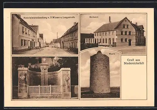 AK Niedereichstädt, Molkerei, Materialwarenhandlung, Kriegerdenkmal, Warte