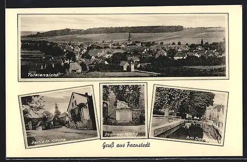 AK Farnstedt, Partie mit Kirche, Denkmal 1914-18, Am Dorfteich