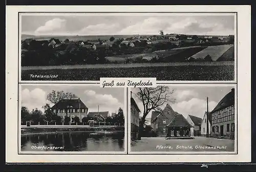 AK Ziegelroda, Totalansicht, Oberförsterei, Pfarre mit Schule u. Glockenstuhl