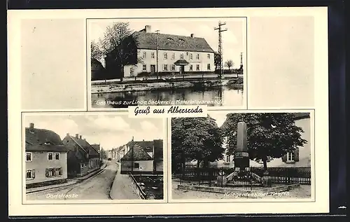 AK Albersroda, Gasthaus zur Linde mit Bäckerei u. Materialwarenhandlung, Kriegerdenkmal 1914-18, Dorfstrasse