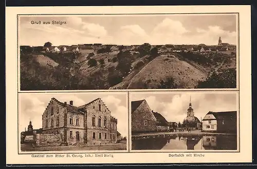 AK Steigra, Gasthof zum Ritter St. Georg, Dorfteich mit Kirche, Panorama