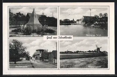 AK Schnellroda, Teich, Kriegerdenkmal 1914-18, Dorfstrasse