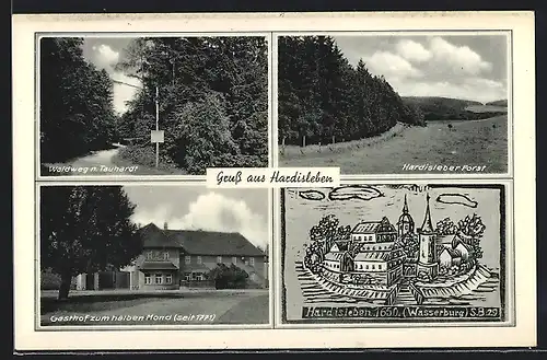 AK Hardisleben, Gasthof zum halben Mond, Waldweg nach Tauhardt, Hardisleber Forst