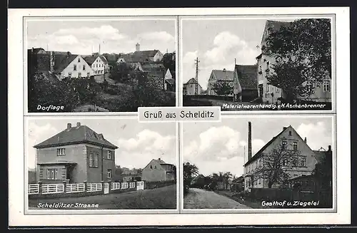 AK Schelditz, Gasthof u. Ziegelei, Materialwarenhandlung M. Aschenbrenner, Schelditzer Strasse